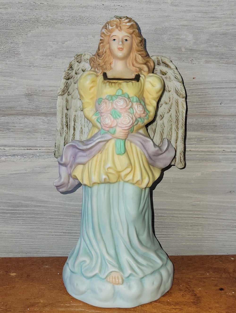 Grandeur Noel Vintage Porcelain Angel Figurine Holding Pink Roses 9"